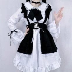 Black And White Unisex Bow Ruffle Maid Lolita Dress