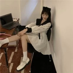 Mini Dress With Big Turn-Down Collar And Bow 11 Mini Dress With Big Turn-Down Collar And Bow -Kawaii Fashion Shop Women Patchwork Dresses Kawaii Peter Pan Collar Mini Tunic Students Lovely Long Sleeve Vestido Trendy Designer 3