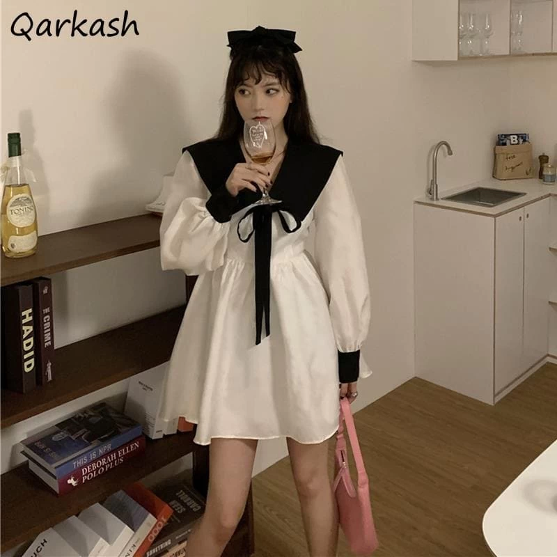 Mini Dress With Big Turn-Down Collar And Bow 3 Mini Dress With Big Turn-Down Collar And Bow