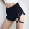 Punk One-Leg Strap Shorts -Kawaii Fashion Shop Women Ripped Detail Frayed Edge Denim Shorts with Leg Belt Detail