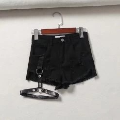 Punk One-Leg Strap Shorts -Kawaii Fashion Shop Women Ripped Detail Frayed Edge Denim Shorts with Leg Belt Detail 3