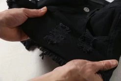 Punk One-Leg Strap Shorts -Kawaii Fashion Shop Women Ripped Detail Frayed Edge Denim Shorts with Leg Belt Detail 4