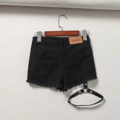 Punk One-Leg Strap Shorts -Kawaii Fashion Shop Women Ripped Detail Frayed Edge Denim Shorts with Leg Belt Detail 5