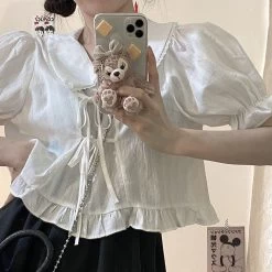 Kawaii Puff Sleeved Lace-Up Short Shirts -Kawaii Fashion Shop Women Sets Harajuku Kawaii Cropped Top Mini Pleated Skirt JK Students 2 Pieces Outfit Preppy Style 2