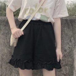 Solid Color Ruffles Wide Leg Trousers -Kawaii Fashion Shop Women Shorts Preppy Style Japanese High Waist Elastic Ruffles Wide Leg Trousers Students Sweet Korean Chic 3