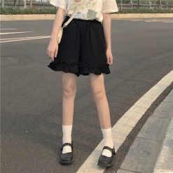 Solid Color Ruffles Wide Leg Trousers -Kawaii Fashion Shop Women Shorts Preppy Style Japanese High Waist Elastic Ruffles Wide Leg Trousers Students Sweet Korean Chic 4
