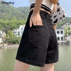 Korean Fashion Strap High-waisted Denim Shorts -Kawaii Fashion Shop Women Wide Leg Shorts Denim Button fly High Waist Harajuku BF Loose Korean Style Students Leisure 1