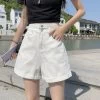 Korean Fashion Strap High-waisted Denim Shorts -Kawaii Fashion Shop Women Wide Leg Shorts Denim Button fly High Waist Harajuku BF Loose Korean Style Students Leisure