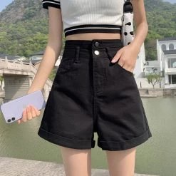 Korean Fashion Strap High-waisted Denim Shorts -Kawaii Fashion Shop Women Wide Leg Shorts Denim Button fly High Waist Harajuku BF Loose Korean Style Students Leisure 2