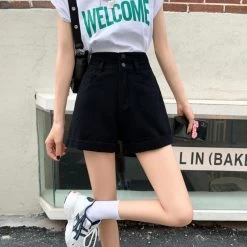 Korean Fashion Strap High-waisted Denim Shorts -Kawaii Fashion Shop Women Wide Leg Shorts Denim Button fly High Waist Harajuku BF Loose Korean Style Students Leisure 3