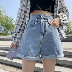 Korean Fashion Strap High-waisted Denim Shorts -Kawaii Fashion Shop Women Wide Leg Shorts Denim Button fly High Waist Harajuku BF Loose Korean Style Students Leisure 4