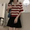 Kawaii Turn-down Collar Striped T-shirt -Kawaii Fashion Shop Women s Clothing Summer 2021 Polo Striped Short Sleeve T shirts Crop Top Female Casual Tee