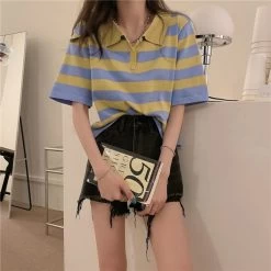 Kawaii Turn-down Collar Striped T-shirt -Kawaii Fashion Shop Women s Clothing Summer 2021 Polo Striped Short Sleeve T shirts Crop Top Female Casual Tee 3
