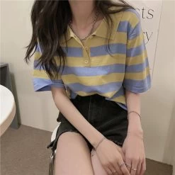 Kawaii Turn-down Collar Striped T-shirt -Kawaii Fashion Shop Women s Clothing Summer 2021 Polo Striped Short Sleeve T shirts Crop Top Female Casual Tee 4