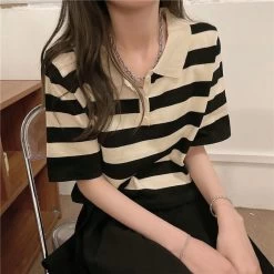 Kawaii Turn-down Collar Striped T-shirt -Kawaii Fashion Shop Women s Clothing Summer 2021 Polo Striped Short Sleeve T shirts Crop Top Female Casual Tee 5
