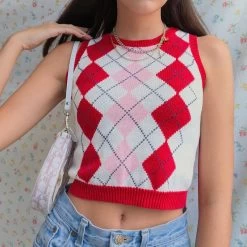 Strawberry Knit Vest -Kawaii Fashion Shop Women s Cute Strawberry Print Sweaters Tank Sleeveless Round Neck Crop Top Preppy Style Retro Knitwear 4