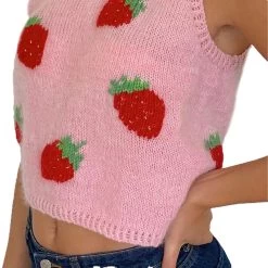 Strawberry Knit Vest -Kawaii Fashion Shop Women s Cute Strawberry Print Sweaters Tank Sleeveless Round Neck Crop Top Preppy Style Retro Knitwear 5