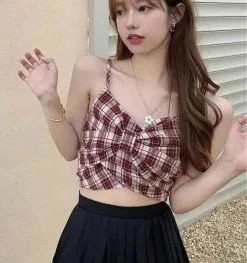 Vintage Plaid Tank Top -Kawaii Fashion Shop Women s Summer Bow Tie Halter Short Tight Undershirt Plaid V Neck Sexy Tops Fashion Slim 1
