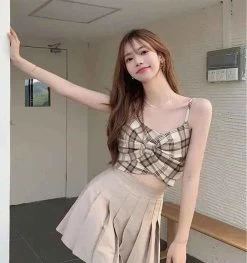 Vintage Plaid Tank Top -Kawaii Fashion Shop Women s Summer Bow Tie Halter Short Tight Undershirt Plaid V Neck Sexy Tops Fashion Slim 2