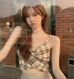 Vintage Plaid Tank Top -Kawaii Fashion Shop Women s Summer Bow Tie Halter Short Tight Undershirt Plaid V Neck Sexy Tops Fashion Slim 4