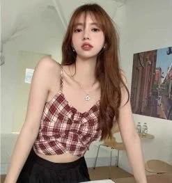 Vintage Plaid Tank Top -Kawaii Fashion Shop Women s Summer Bow Tie Halter Short Tight Undershirt Plaid V Neck Sexy Tops Fashion Slim 5