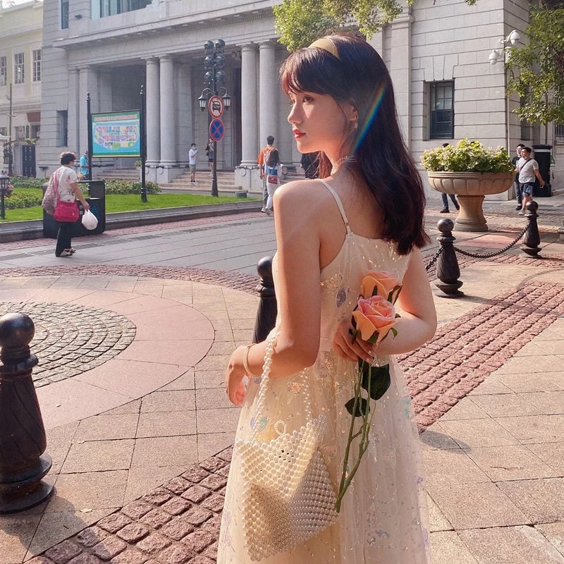 Summer Iridescent Butterflies Beige Straps Long Dress 4 Summer Iridescent Butterflies Beige Straps Long Dress - Image 2