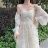 Summer Iridescent Butterflies Beige Straps Long Dress