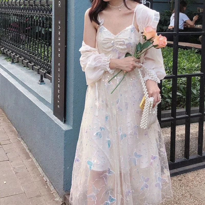 Summer Iridescent Butterflies Beige Straps Long Dress 5 Summer Iridescent Butterflies Beige Straps Long Dress - Image 3