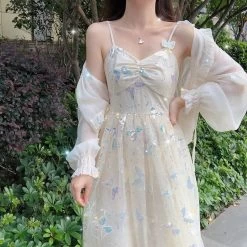 Summer Iridescent Butterflies Beige Straps Long Dress