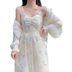 Summer Iridescent Butterflies Beige Straps Long Dress 11 Summer Iridescent Butterflies Beige Straps Long Dress -Kawaii Fashion Shop Women s Summer Sweet Gentle Fairy Lady Suit Long Sleeve Apricot Ruffle Rash and Bow Sequin 4