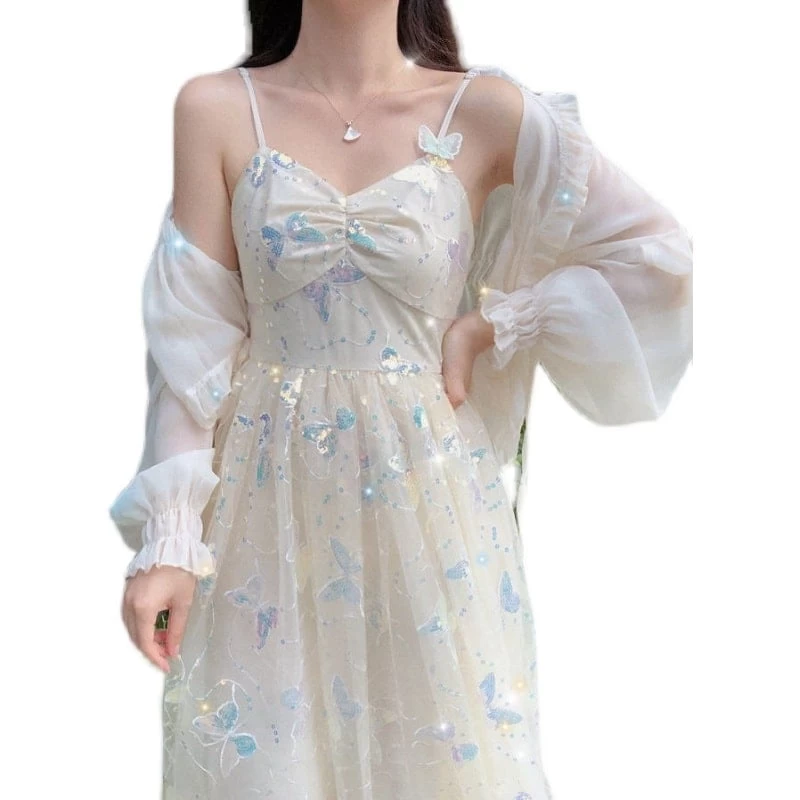 Summer Iridescent Butterflies Beige Straps Long Dress 7 Summer Iridescent Butterflies Beige Straps Long Dress - Image 5