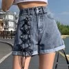 Korean High-waisted Lacing-up Denim Shorts -Kawaii Fashion Shop XFPV 2022 New Spring Summer Fashion Cross Strap Design High Waist Denim Slim A line Wide