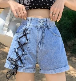 Korean High-waisted Lacing-up Denim Shorts 10 Korean High-waisted Lacing-up Denim Shorts -Kawaii Fashion Shop XFPV 2022 New Spring Summer Fashion Cross Strap Design High Waist Denim Slim A line Wide 2