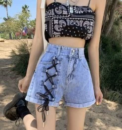 Korean High-waisted Lacing-up Denim Shorts 11 Korean High-waisted Lacing-up Denim Shorts -Kawaii Fashion Shop XFPV 2022 New Spring Summer Fashion Cross Strap Design High Waist Denim Slim A line Wide 3