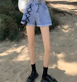 Korean High-waisted Lacing-up Denim Shorts 13 Korean High-waisted Lacing-up Denim Shorts -Kawaii Fashion Shop XFPV 2022 New Spring Summer Fashion Cross Strap Design High Waist Denim Slim A line Wide 5