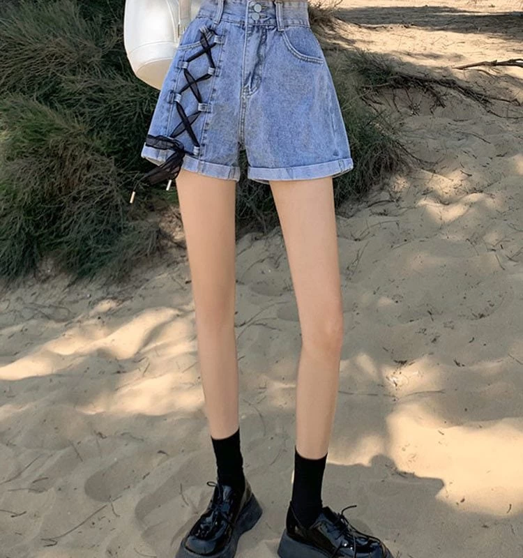 Korean High-waisted Lacing-up Denim Shorts 8 Korean High-waisted Lacing-up Denim Shorts - Image 6