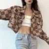 Vintage Checked Pattern Short Denim Coat -Kawaii Fashion Shop Xingqing Brown Checkerboard Cropped Bomber Denim Jackets Women High Street Button Up Long Sleeve Vintage Jacket