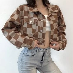 Vintage Checked Pattern Short Denim Coat -Kawaii Fashion Shop Xingqing Brown Checkerboard Cropped Bomber Denim Jackets Women High Street Button Up Long Sleeve Vintage Jacket 2