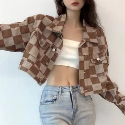 Vintage Checked Pattern Short Denim Coat