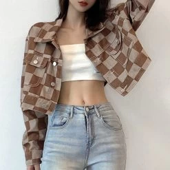 Vintage Checked Pattern Short Denim Coat -Kawaii Fashion Shop Xingqing Brown Checkerboard Cropped Bomber Denim Jackets Women High Street Button Up Long Sleeve Vintage Jacket 3
