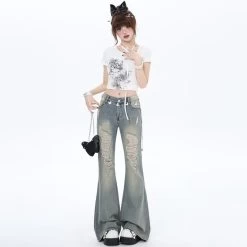 Y2K Style High Waist Slim Fit Flared Jeans -Kawaii Fashion Shop Y2K Style High Waist Slim Fit Flared Jeans 5