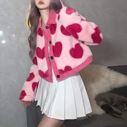 Heart Plush Jacket 10 Heart Plush Jacket -Kawaii Fashion Shop Y2k Autumn Winter Fashion Cropped Jackets Women Button Long Sleeve Velvet Heart Print Top Women Vintage 2
