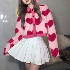 Heart Plush Jacket 12 Heart Plush Jacket -Kawaii Fashion Shop Y2k Autumn Winter Fashion Cropped Jackets Women Button Long Sleeve Velvet Heart Print Top Women Vintage 4