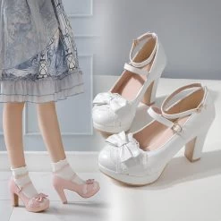 Fashion Lolita High-heeled Shoes -Kawaii Fashion Shop YQBTDL Summer 2022 Ladies Heels Platform Cute Bow Lace Princess Mary Jane Lolita Shoes Party High 2