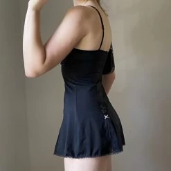 Pink Lace Babydoll Dress 13 Pink Lace Babydoll Dress -Kawaii Fashion Shop Youngtown Y2k Lace Patch Bow Cute Black Mini Dress Women Vintage Bodycon Spaghetti Strap Sexy Party 5