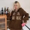 Brown Letters Embroidery Zip Up Hoodie -Kawaii Fashion Shop Zip up Long Sleeved Loose Solid Color Coat Goth Retro Grunge Korean Harajuku Hooded Y2K Outerwear