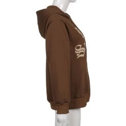 Brown Letters Embroidery Zip Up Hoodie -Kawaii Fashion Shop Zip up Long Sleeved Loose Solid Color Coat Goth Retro Grunge Korean Harajuku Hooded Y2K Outerwear 2