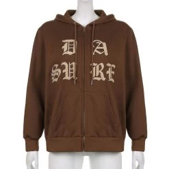 Brown Letters Embroidery Zip Up Hoodie -Kawaii Fashion Shop Zip up Long Sleeved Loose Solid Color Coat Goth Retro Grunge Korean Harajuku Hooded Y2K Outerwear 3