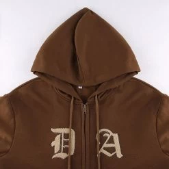 Brown Letters Embroidery Zip Up Hoodie -Kawaii Fashion Shop Zip up Long Sleeved Loose Solid Color Coat Goth Retro Grunge Korean Harajuku Hooded Y2K Outerwear 4