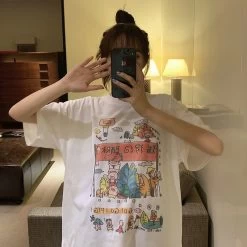 Cartoon Print Loose Cotton T-shirt -Kawaii Fashion Shop ZuoLunOuBa Casual New Summer Women T Shirt Print Manga Harajuku Cute Pig Family Amusement Park Tees 2